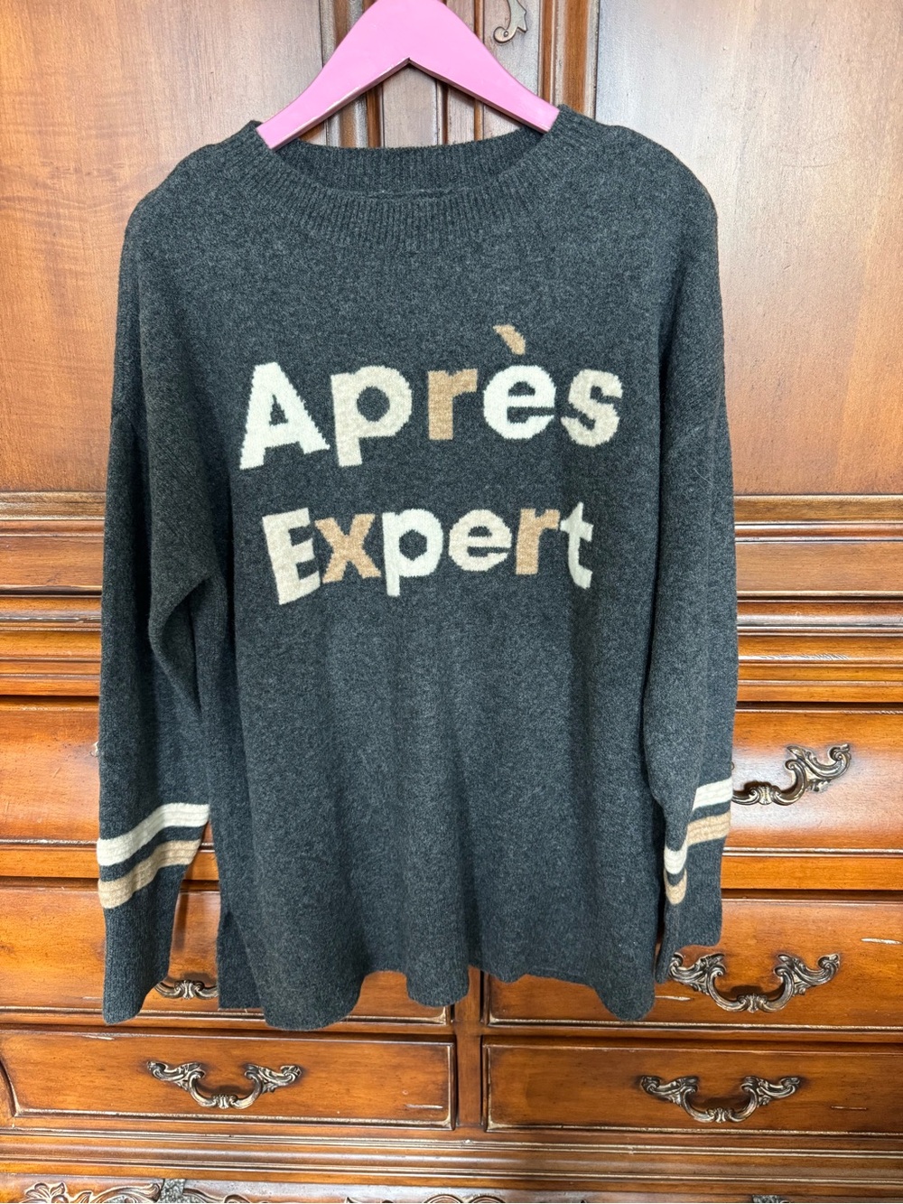 Lou and Grey Apres’ Expert Charcoal w beige camel and cream accents Knit Sweater